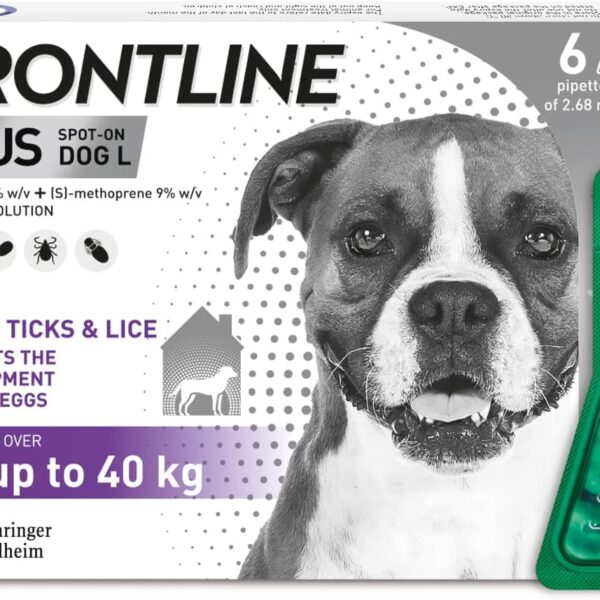 FRONTLINE Plus Flea & Tick Treatment for Large Dogs (20–40kg) – 6 Pipettes | Kills Fleas, Ticks & Eggs | 6-Month Protection | Vet-Strength Formula, Easy Monthly Application